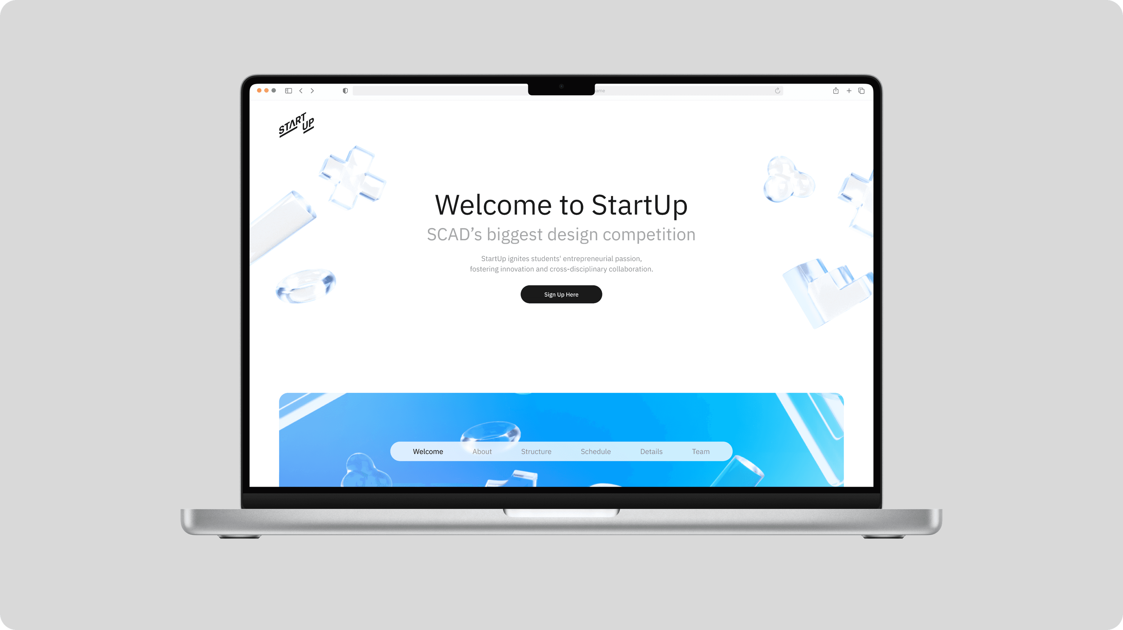 A rendering of the Startup 2025 Homepage on a MacBook Pro.